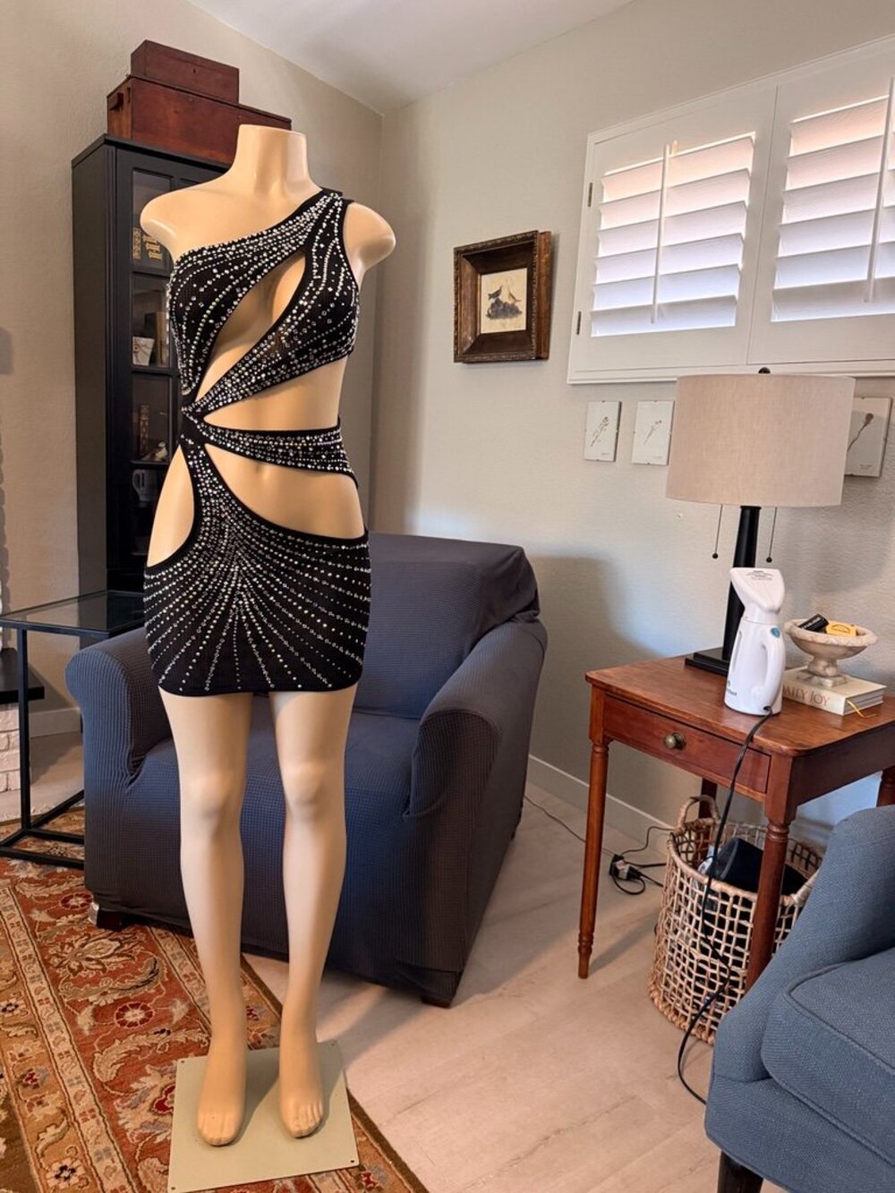 fashion nova "MARIA" in Mini Length  cut out w/ rhinestone embelishment thruout
